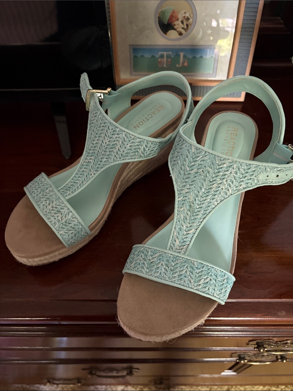 Kenneth Cole Reaction Mint Braided T‑Strap Espadrille Wedge Sandals